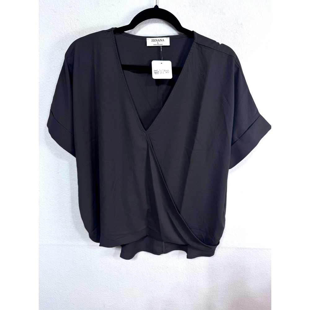 Zenana Large Front Draped Blouse Women Grey Short Sleeve V-Neck New‎